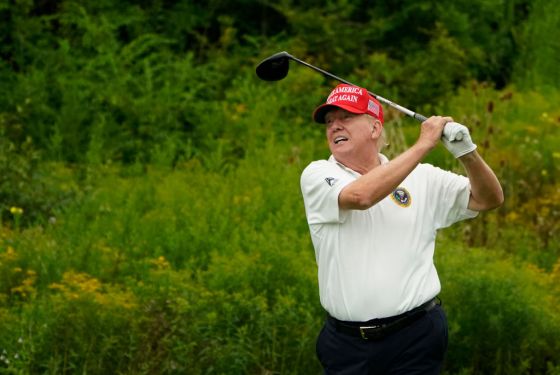 Former President Donald Trump plays golf at Trump National Golf Club Bedminster in Bedminster, New Jersey, on August 10, 2023. (Photo by Timothy A. Clary/AFP/Getty Images)