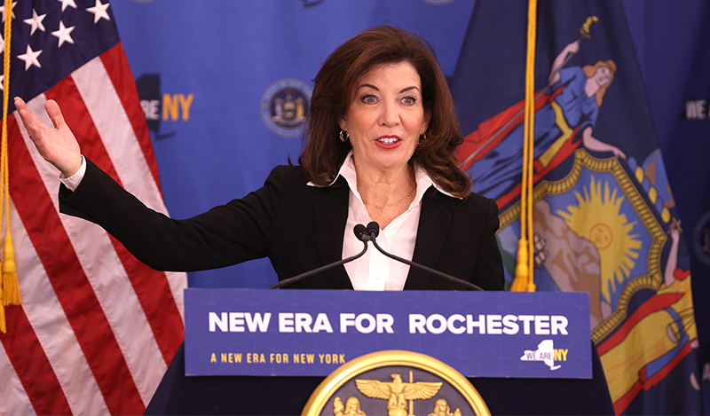 Gov. Kathy Hochul presenting during city visit to Rochester, N.Y., March 7, 2022.