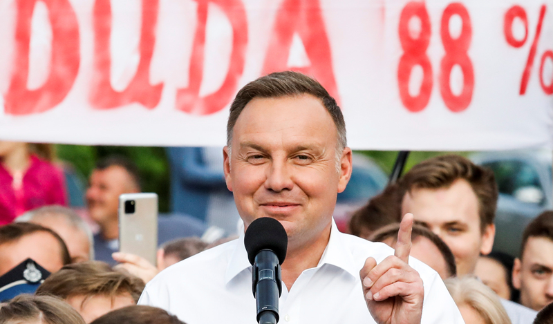 Polish President Andrzej Duda attends a meeting with local residents following his victory in a presidential election in Odrzywol, Poland July 13, 2020. Marcin Kucewicz/Agencja Gazeta via REUTERS ATTENTION EDITORS - THIS IMAGE WAS PROVIDED BY A THIRD PARTY. POLAND OUT. NO COMMERCIAL OR EDITORIAL SALES IN POLAND.