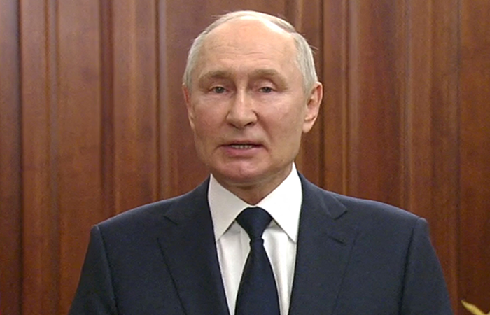 Vladimir Putin gives a televised address in Moscow, Russia, June 26, 2023, in this still image taken from video.