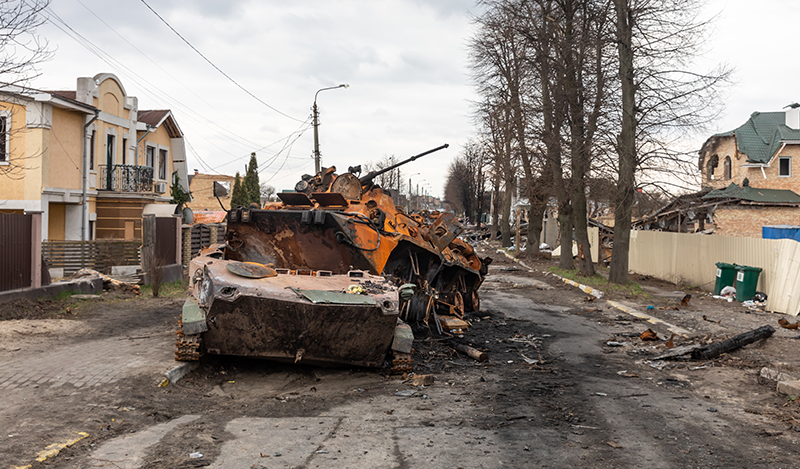 The destroyed military equipment of the Russian invaders is seen on the streets of Bucha. Bucha City in Ukraine was devastated under intense fighting and shelling attack from Russia.