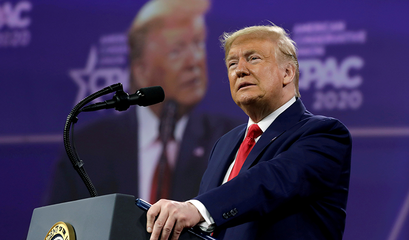 U.S. President Donald Trump addresses the Conservative Political Action Conference (CPAC) annual meeting at National Harbor in Oxon Hill, Maryland, U.S., February 29, 2020. REUTERS/Yuri Gripas/File Photo